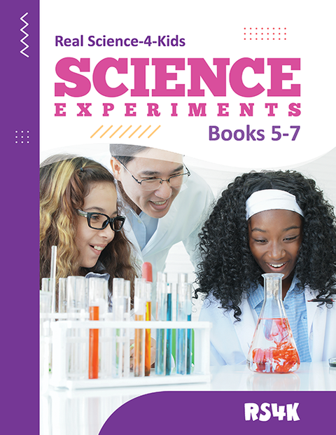 Book cover of 'Science Experiments' for books 5-7 by Real Science-4-Kids with a purple border and images of children and a teacher in a lab setting.