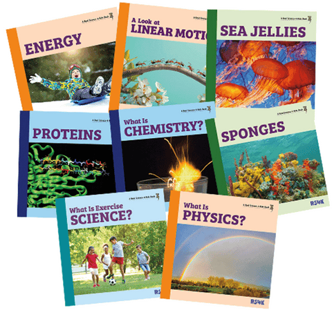 A collection of eight colorful educational books on various science topics, including energy, linear motion, sea jellies, proteins, chemistry, sponges, exercise science, and physics, designed for young readers.