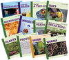 Collection of science books on various topics including atoms, molecules, cells, and microorganisms.