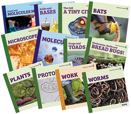 Collection of science books on various topics including atoms, molecules, cells, and microorganisms.