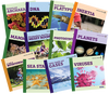 Collection of educational books on various topics with colorful covers.