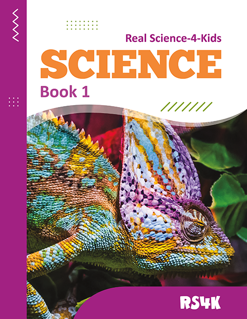 Cover of Science Book 1 by Real Science-4-Kids showing a close-up photograph of a chameleon with vibrant colors and detailed textures.