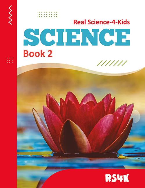 Cover of 'Science Book 2' featuring a close-up image of a red flower on a pond, with the title and author's logo.