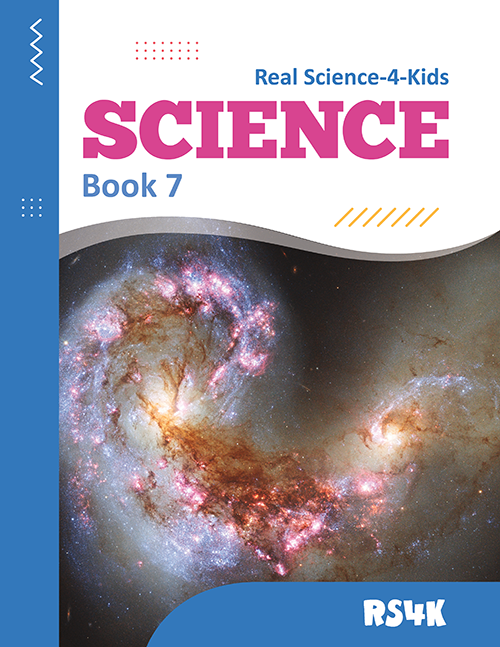 Cover of 'Real Science-4-Kids Science Book 7' featuring a space-themed image with a galaxy and the RS4K logo.