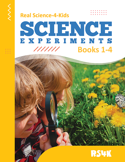 Book cover of 'Science Experiments' by Real Science-4-Kids with a child using a magnifying glass and flowers in the background.