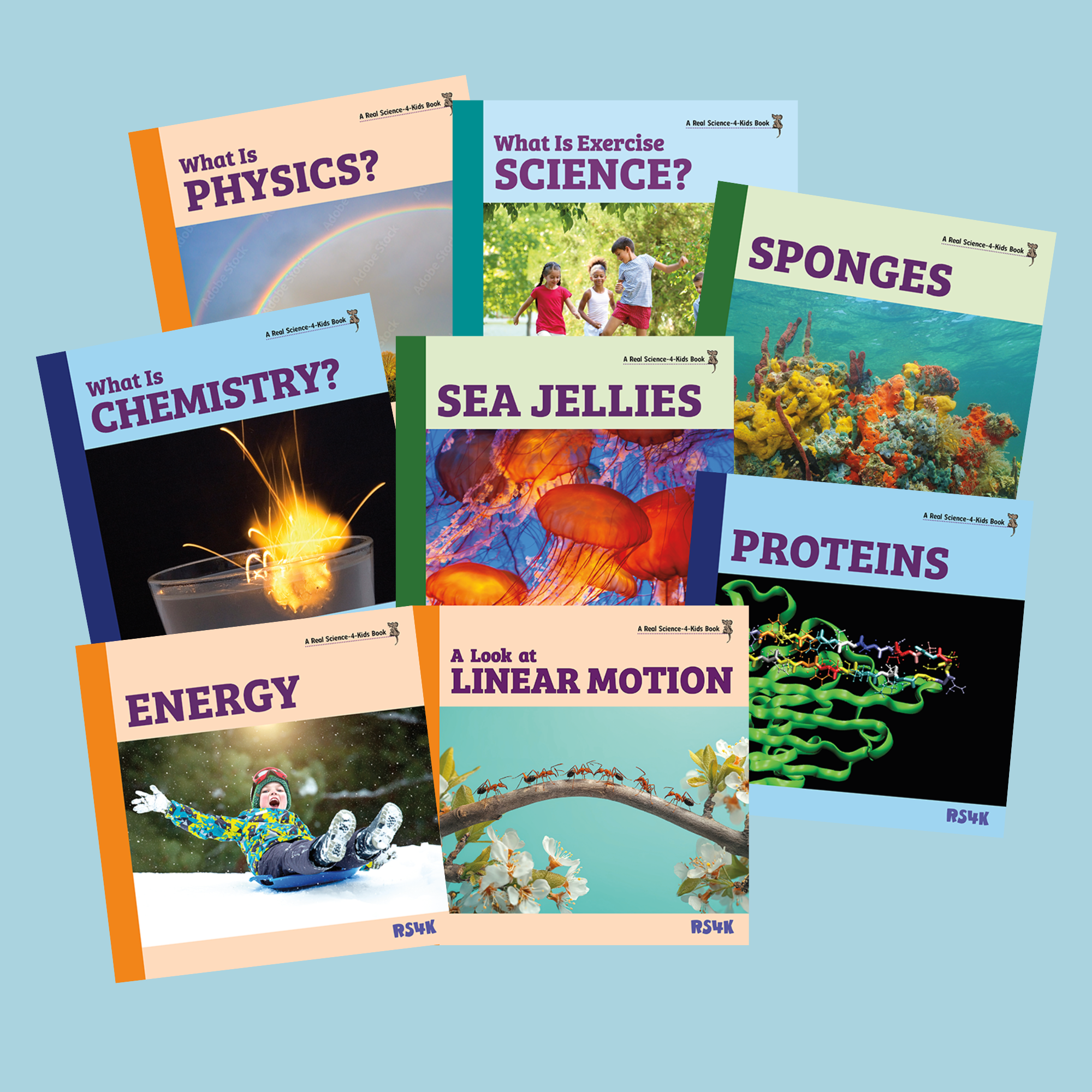 Collection of educational books on various scientific topics with colorful covers against a light blue background.